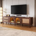 Dark brown Giga TV stand with 3 cabinets and 2 drawers, LED lighting media console for TVs up to 80 inches, modern design