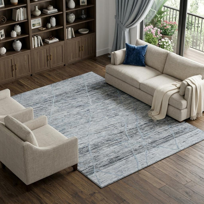 10' X 14' Abstract Geometric Washable Area Rug With UV Protection (696326) - Blue / Gray / Silver