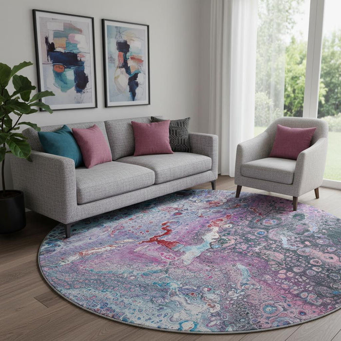 8' Abstract Washable Round Rug With UV Protection (650419) - Blue / Pink / Purple