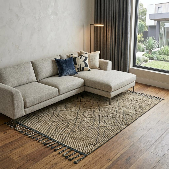 9' X 12' Wool Geometric Hand Knotted Area Rug (744355) - Tan / Blue / Black