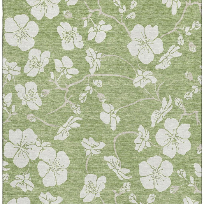 10' X 14' Floral Washable Area Rug With UV Protection (681005) - Artichoke Green / Ivory