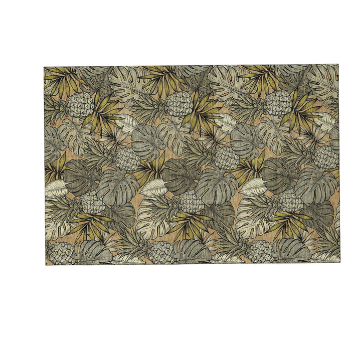 3' X 5' Tropical Botanical Distressed Washable Area Rug With UV Protection (646368) - Khaki / Gray / Yellow