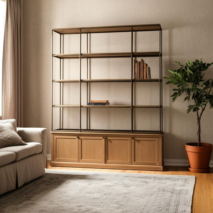 Three Tier Bookcase With Four Doors - Antiqued Brass / Light Brown