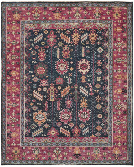5' x 8' Wool Floral Hand Knotted Distressed Stain Resistant Area Rug With Fringe - Pink Blue And Orange