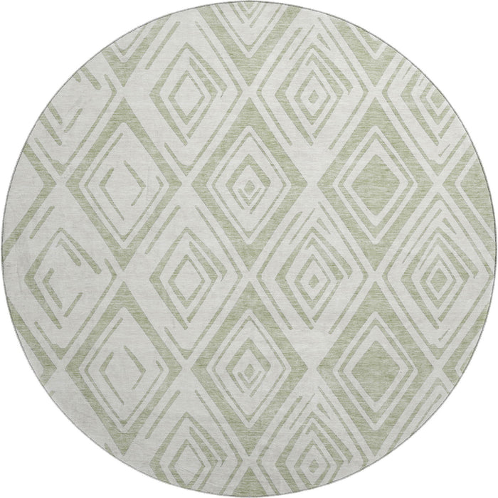 8' Diamond Washable Round Rug With UV Protection - Artichoke Green And Ivory