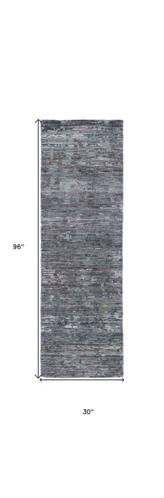 8' Wool Abstract Hand Knotted Runner Rug - Blue And Gray
