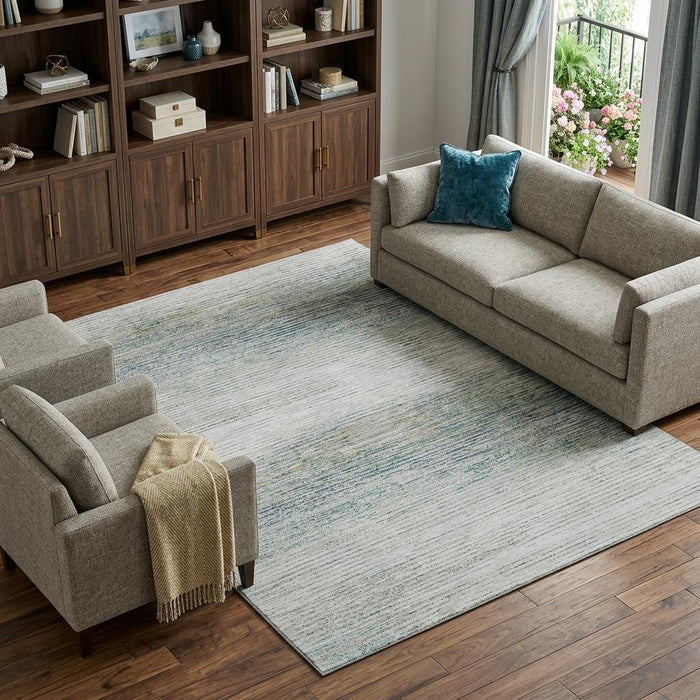 10' X 14' Striped Washable Area Rug With UV Protection (692637) - Linen / Ivory