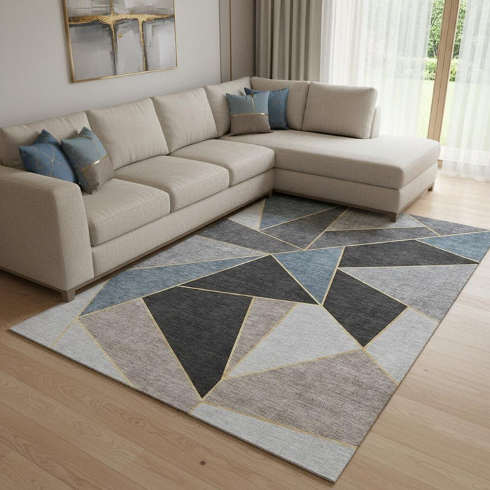8' X 10' Geometric Washable Area Rug With UV Protection (653294) - Blue / Charcoal / Ivory