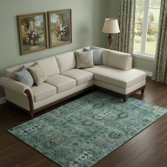 10' X 14' Southwestern Washable Area Rug With UV Protection (716461) - Green / Teal