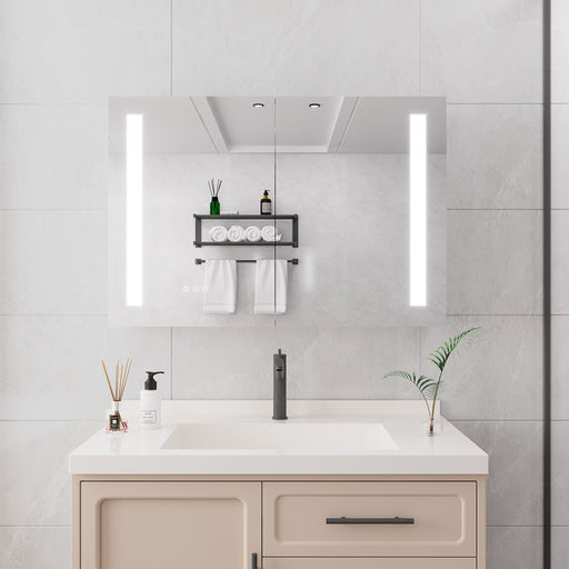 Giga LED medicine cabinet with mirror, double door, defogger, dimmer, surface mount, modern bathroom storage.