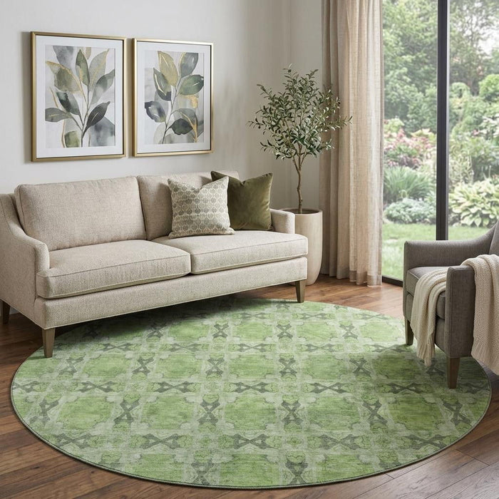 8' Floral Medallion Washable Round Rug With UV Protection (649489) - Green / Gray / Ivory