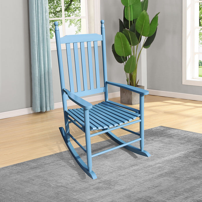 Giga wooden porch rocker chair with curved armrests and slatted back, perfect for outdoor relaxing on a porch or patio.