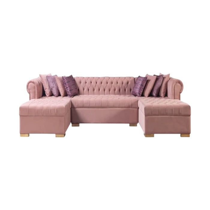 Velvet U Shaped Three Piece Sofa Chaise Sectional With Toss Pillows - Pink