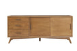 HomeRoots brown TV stand with drawers and sliding door, showcasing a modern wooden design with storage compartments.