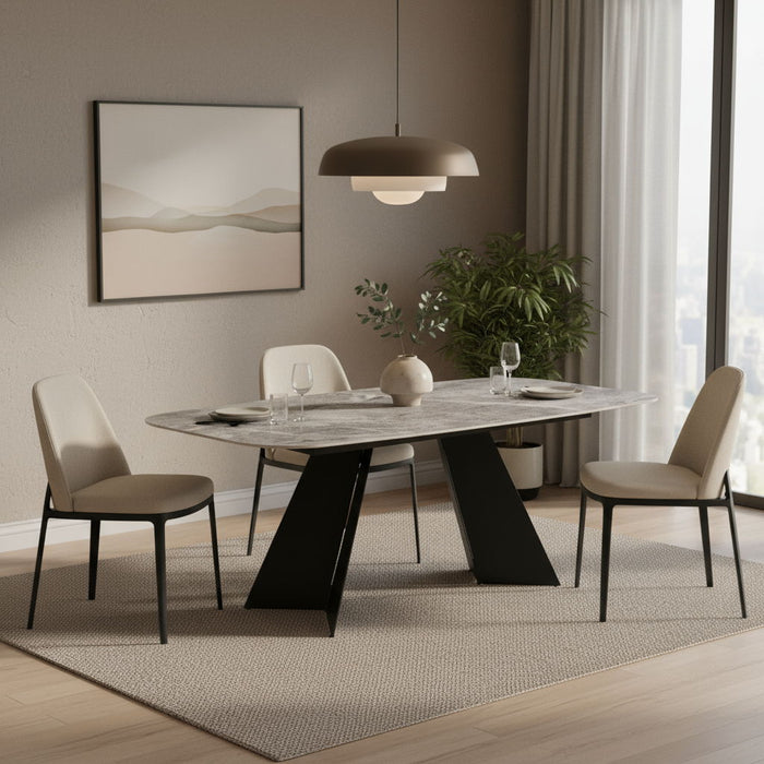 94" Faux Marble Ceramic And Steel Double Pedestal Base Dining Table - Gray