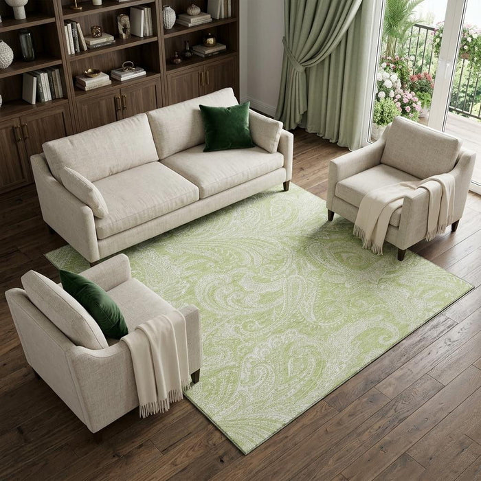 10' X 14' Paisley Washable Area Rug With UV Protection (654632) - Artichoke Green / Ivory