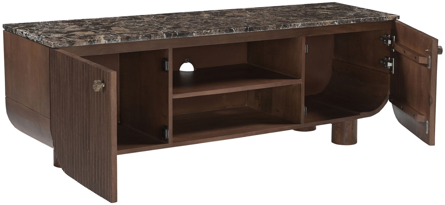 Cressa Mango Wood Media Console TV stand by Meridian Furniture with open shelving and natural wood finish for modern living rooms.
