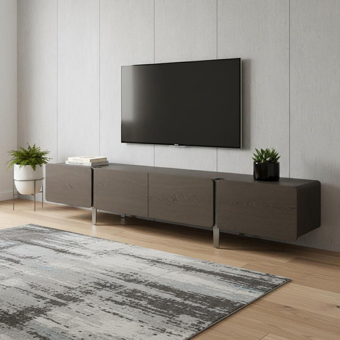 Ash gray and nickel wood TV stand with enclosed storage, stainless steel accents, designed for modern HomeRoots entertainment setups.