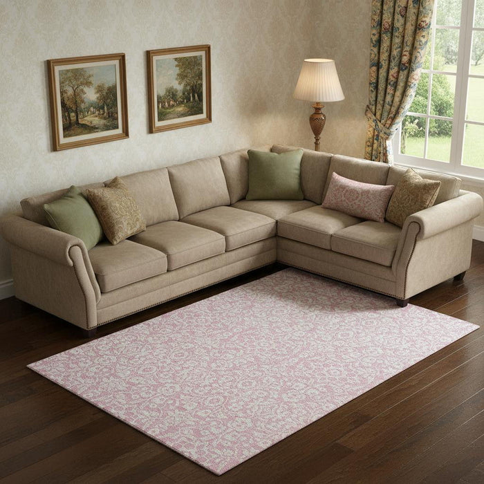 10' X 14' Damask Washable Area Rug With UV Protection (673163) - Pink / Ivory