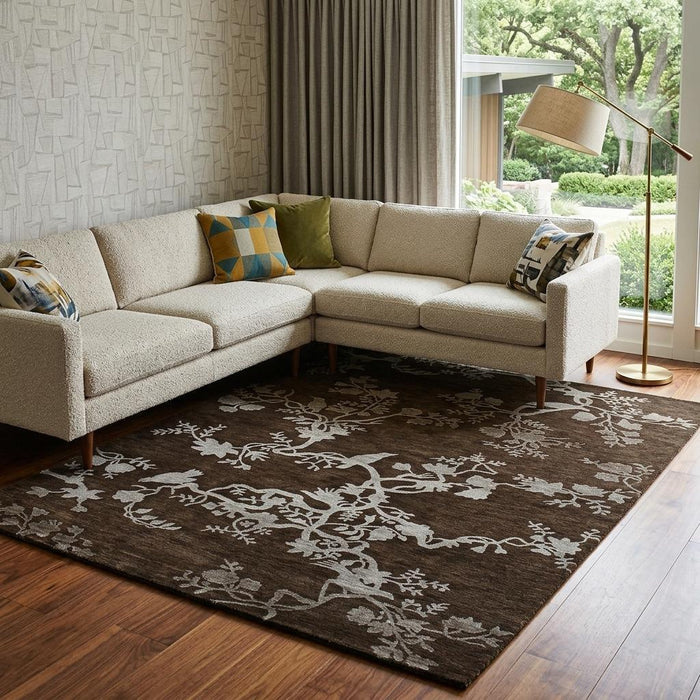 9' X 12' Wool Floral Hand Knotted Area Rug (744366) - Brown / Silver