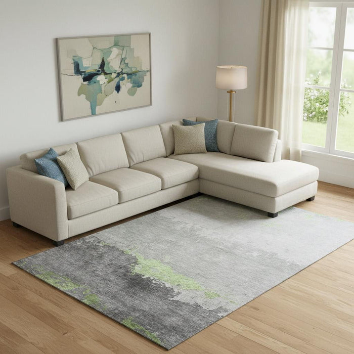10' X 14' Abstract Washable Area Rug With UV Protection (706897) - Artichoke Green / Gray
