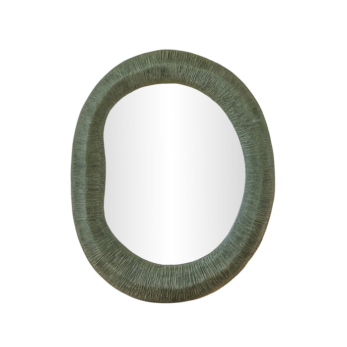 Forest green Orpheus 22x28 inch ribbed fiberglass wall mirror with thick frame by TOV Furniture, hanging on a wall.