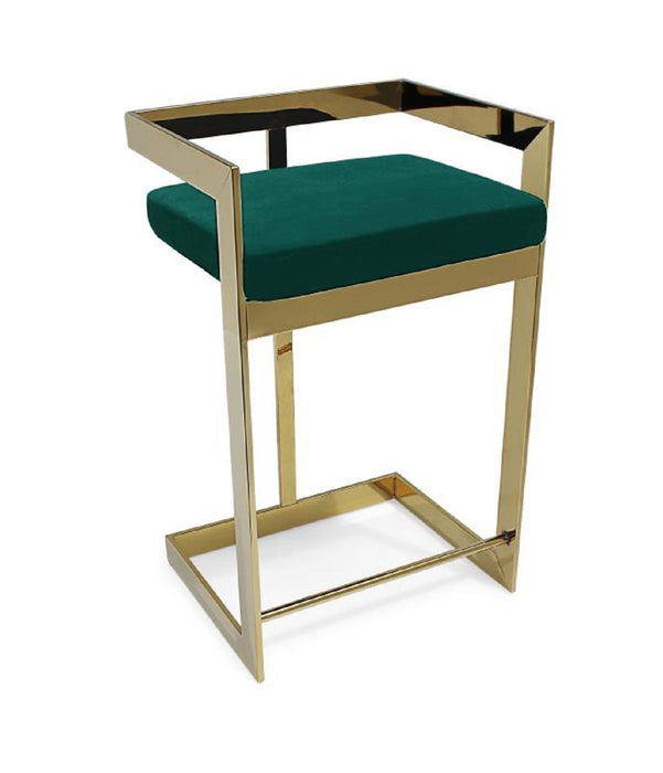 30" Metal And Velvet Low Back Bar Height Bar Chair - Green / Gold