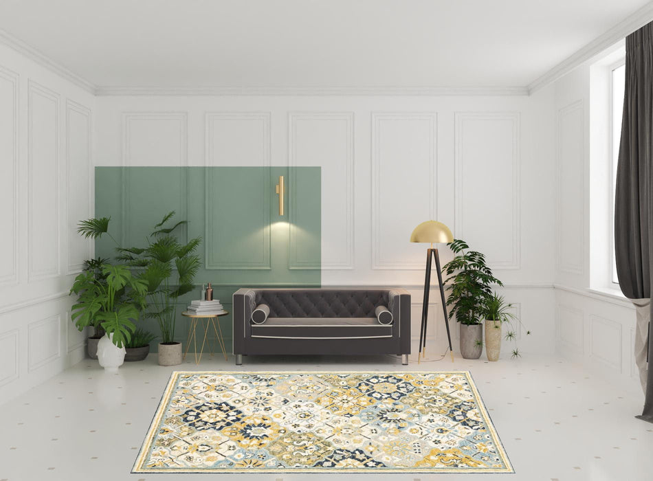 8' x 10' Geometric Tufted Handmade Stain Resistant Area Rug - Blue Green Gold Navy And Ivory