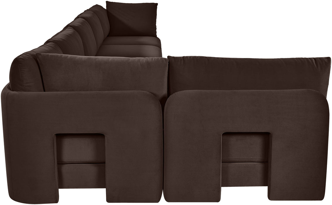 Meridian Furniture Hammond velvet performance fabric 6-piece L-shaped armless sectional sofa with plush cushions and modern design.