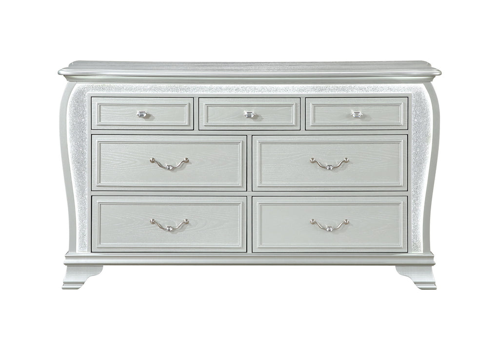Aria - 5 Piece King Bedroom Set (Bed, Dresser & Mirror, Nightstand, Chest) - Silver
