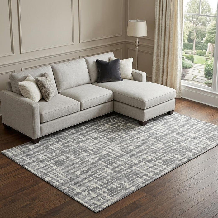 10' X 14' Abstract Geometric Washable Area Rug With UV Protection (682991) - Gray / Silver / Ivory