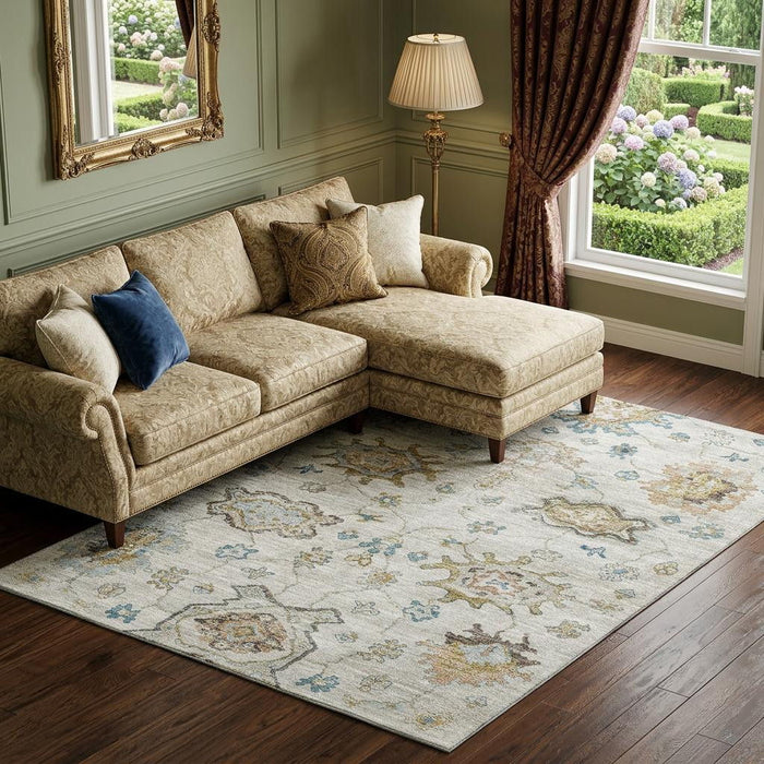 10' X 14' Floral Medallion Distressed Washable Area Rug With UV Protection (644622) - Linen / Blue / Coffee