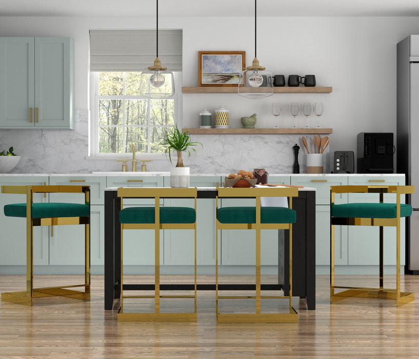 Velvet And Stainless Steel Low Back Counter Height Bar Chair - Green And Gold