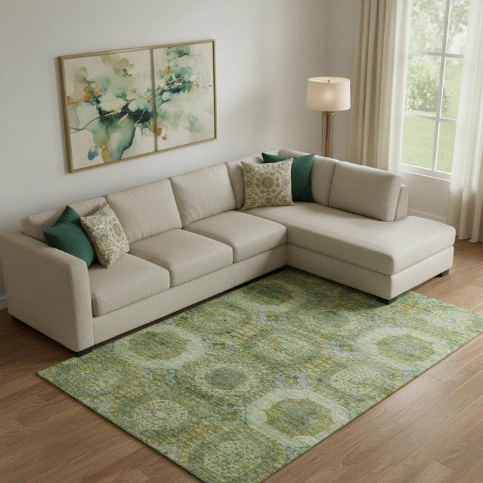 10' X 14' Abstract Geometric Washable Area Rug With UV Protection (708934) - Artichoke Green / Beige