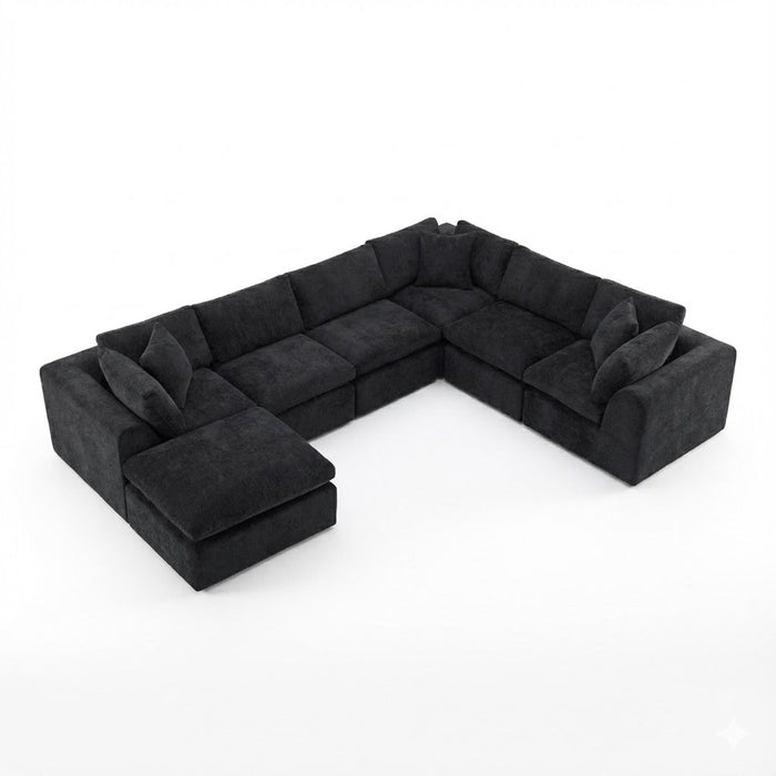 Chenille Modular Sofa Chaise With Ottoman Toss Pillows (725207) - Black
