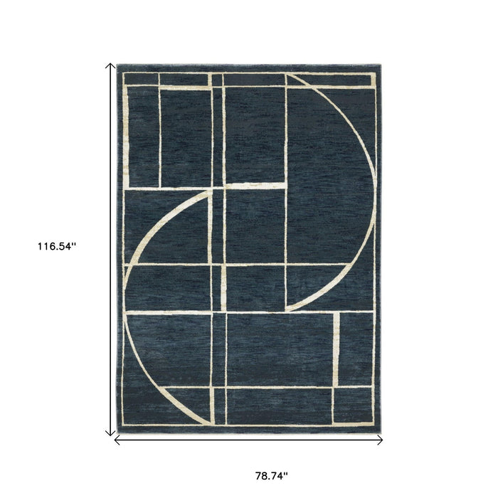 7' X 10' Geometric Area Rug - Blue And Ivory