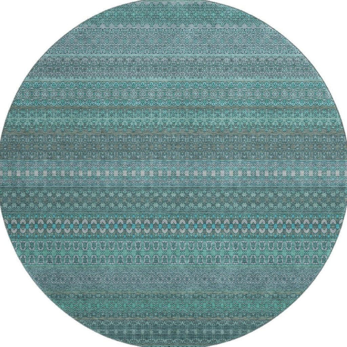 8' Striped Washable Round Rug With UV Protection (647557) - Turquoise / Ivory
