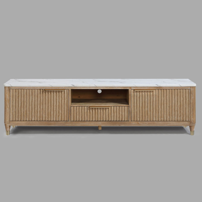 Giga fluted TV stand with natural wood finish and white accents, showcasing a modern design with fluted details and open shelving.