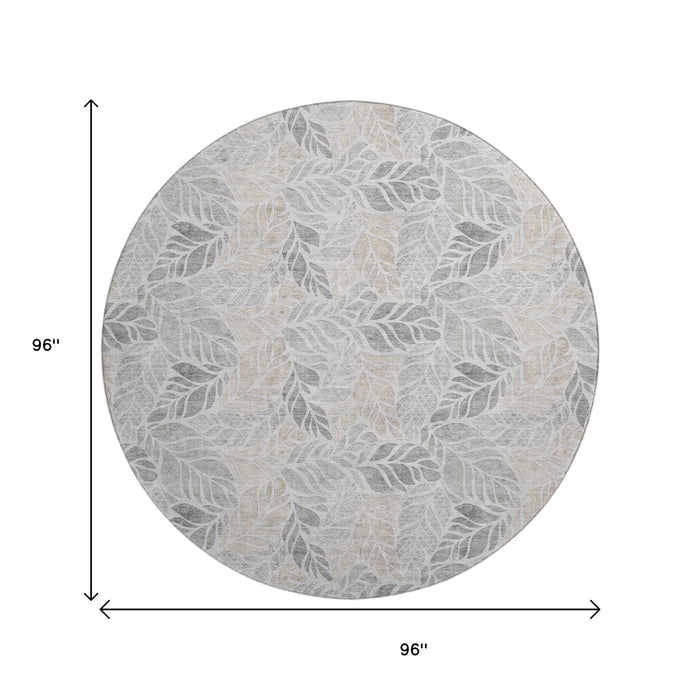 8' Tropical Botanical Distressed Washable Round Rug With UV Protection (646322) - Light Gray / Taupe / Charcoal