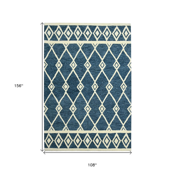 9' X 13' Wool Argyle Hand Hooked Area Rug - Blue And Ivory