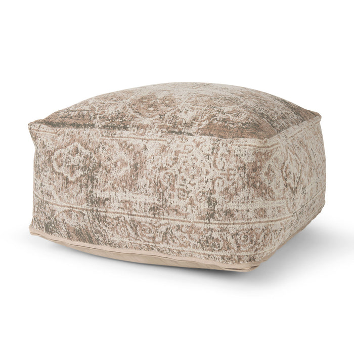 Chenille Damask Pouf Ottoman - Beige / Taupe