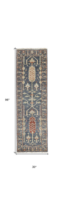 8' Wool Floral Hand Knotted Stain Resistant Runner Rug With Fringe - Gray Gold And Red