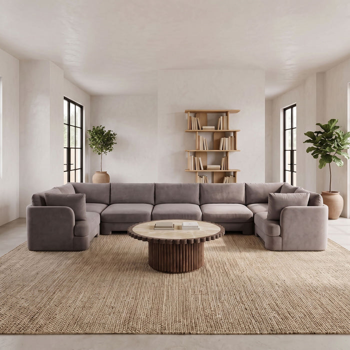 Meridian Furniture Hammond velvet performance fabric 7-piece U-shaped sectional sofa in a modern stationary sectional design.