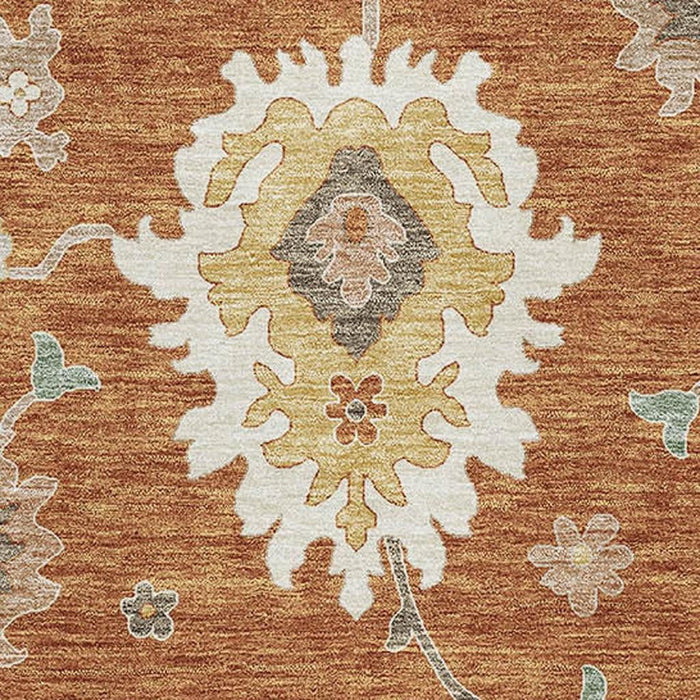 9' X 12' Floral Medallion Washable Area Rug With UV Protection - Rust