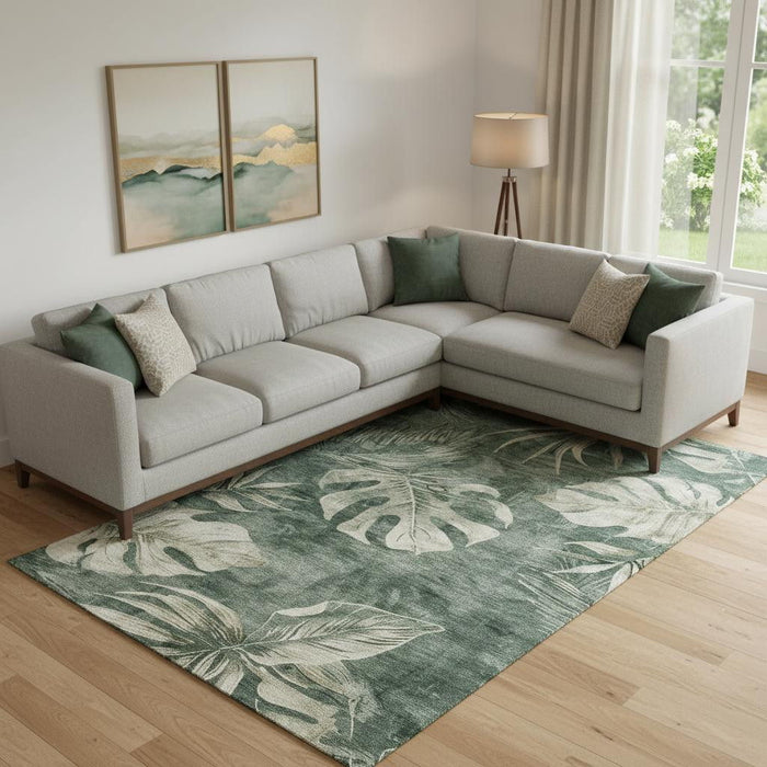 10' X 14' Floral Washable Area Rug With UV Protection (706957) - Fern Green / Sage