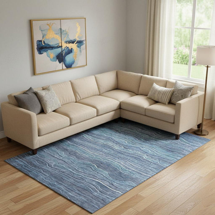 10' X 14' Striped Washable Area Rug With UV Protection (697704) - Blue / Ivory / Gray