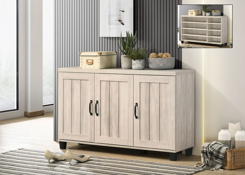 Giga Corby oak finish 3-door shoe cabinet in dusty gray with sleek design and ample storage for footwear organization.