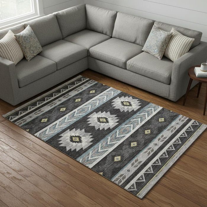 10' X 14' Geometric Washable Area Rug With UV Protection (645666) - Midnight / Gold / Ivory