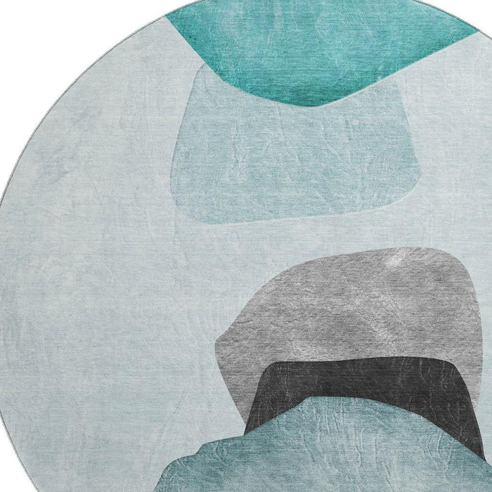 8' Abstract Washable Round Rug With UV Protection (648487) - Teal / Gray