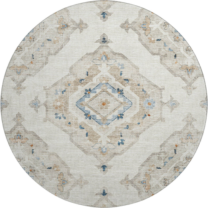 8' Tribal Distressed Washable Round Rug With UV Protection (644177) - Linen / Ivory / Blue